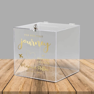 Caixa acrílica para presentes e cartões de casamento "For Our First Journey", letras em inglês, personalizadas - com cadeado