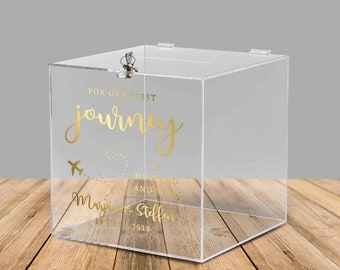Acrylic box for money gifts and cards for the wedding "For Our First Journey", English lettering, personalized - with lock