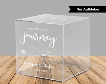 Sticker for acrylic box for money gifts and cards for the wedding "For Our First Journey", English lettering, personalized