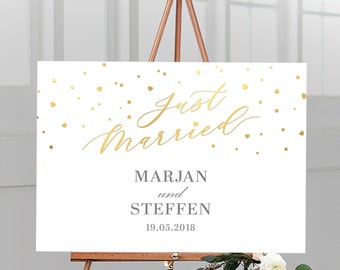 Willkommensschild / Acrylschild zur Hochzeit personalisiert mit Namen und Hochzeitsdatum aus weißen Acrylglas, "Just Married"