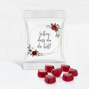 Regalo per gli ospiti con cuori di gomma ai frutti rossi per il matrimonio "È bello che tu sia qui! "Fiore romantico"