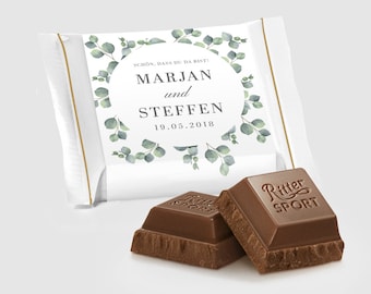 Ritter Sport Mini Cadeau d'invité de mariage prêt à l'emploi - ravi que vous soyez là ! "Eucalyptus Love" - à partir de seulement 0,99 euros par pièce !