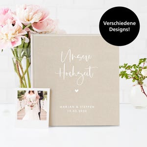 Álbum de fotos de boda de lino auténtico, personalizado en 2 tamaños.
