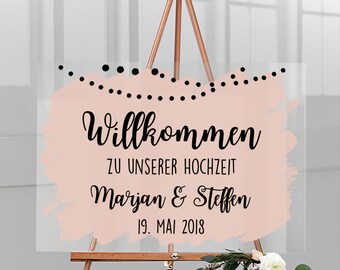 Welcome sign for the wedding personalized with name & date made of acrylic glass with apricot background "garland", German lettering