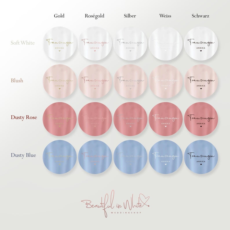 May include: A grid of twenty circular stickers in four background colours: soft white, blush, dusty rose, and dusty blue. Each sticker features the script text Trauzeugin, the name Annika, and a small heart icon in gold, rose gold, silver, white, or black.