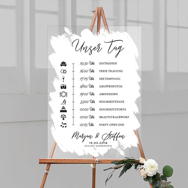 Ablaufplan zur Hochzeit personalisiert mit euren individuellen Programmpunkten aus Acrylglas mit weißem Hintergrund, Hochformat