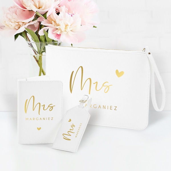 Reisepasshülle + Kofferanhänger + Clutch Set "Mrs & Mr", Geschenk Hochzeit, Brautpaar, Hochzeitsreise, personalisiert, Kunstleder, Weiss