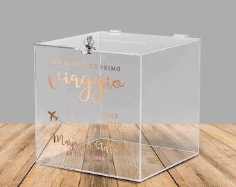 Acrylbox für Geldgeschenke und Karten zur Hochzeit "Per Il Nostro Primo Viaggio", italienische Beschriftung, personalisiert - mit Schloss