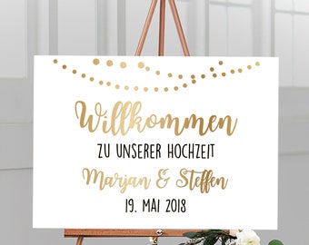 Willkommensschild zur Hochzeit personalisiert mit Namen & Datum aus weißem Acrylglas "Girlande", deutsche Beschriftung