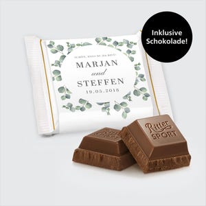 Ritter Sport Mini Huwelijkscadeau klaar - leuk dat je er bent! &quot;Eucalyptusliefde&quot;