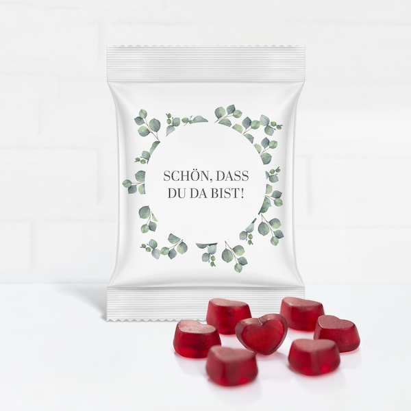 Gastgeschenk mit Original HARIBO roten Fruchtgummi Herzen für die Hochzeit "Schön, dass Du da bist! "Eukalyptus Love"