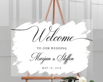 Panneau de bienvenue pour le mariage « M&S » personnalisé avec nom et date de mariage en verre acrylique avec fond blanc Lettrage anglais