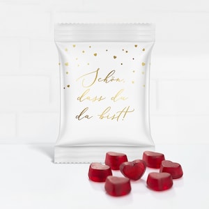 Regalo de invitada con corazones de chicle de frutos rojos para la boda "¡Qué bueno que estés aquí! "Recién casados"