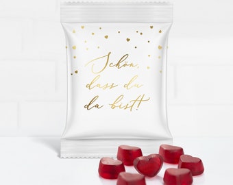 Gastgeschenk mit roten Fruchtgummi Herzen für die Hochzeit "Schön, dass Du da bist! "Just Married" - schon ab 0,99 Euro pro Stück!