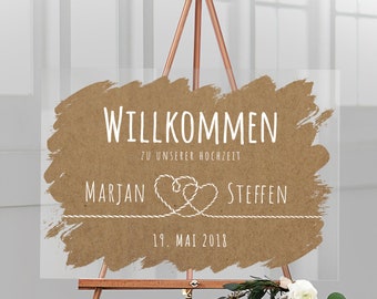 Willkommensschild zur Hochzeit personalisiert mit Namen und Hochzeitsdatum aus Acrylglas mit halbtransparentem Hintergrund "Rustic Hearts"