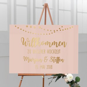 Welcome sign for the wedding personalized with name & date made of acrylic glass with apricot background garland, German lettering image 5