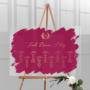 Plan de salle pour le mariage personnalisé avec vos noms désirés en verre acrylique avec fond coloré, lettres dorées, format paysage