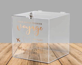 Acrylbox für Geldgeschenke und Karten zur Hochzeit "Pour Notre Premier Voyage", französische Beschriftung, personalisiert - mit Schloss