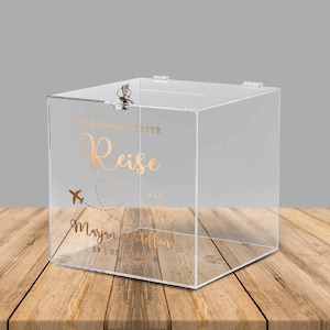 Acrylbox für Geldgeschenke und Karten zur Hochzeit "Für unsere erste Reise", deutsche Beschriftung, personalisiert - mit Schloss