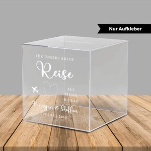 Sticker for acrylic box for monetary gifts and cards for the wedding "For our first trip", German lettering, personalized