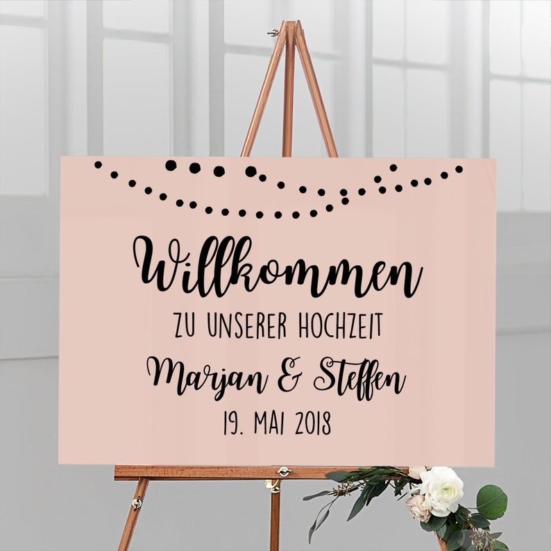 Welcome sign for the wedding personalized with name & date made of acrylic glass with apricot background garland, German lettering Schwarz