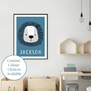 Customised Scandi Lion Baby Name Print, Nursery Decor, Boys Room Wall Art, Baby Name, A3, A4