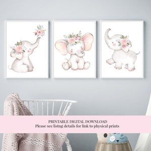 DIGITAL DOWNLOAD Printable Cute Elephant Nursery Art Print set, Nursery Decor for Girls room, digital download, A3, A4, pink animal prints