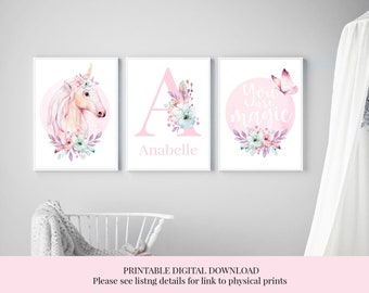 DIGITALE DOWNLOAD Afdrukbare kinderkamer Wall Art, Baby Name Art Print, Girls Room Decor, Cute Animal, olifant, roze, digitale download