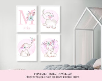 DIGITALER DOWNLOAD Druckbare Kinderzimmer Wandkunst, Baby Name Art Print, Mädchen Zimmer Dekor, niedliches Tier, Elefant, rosa, digitaler Download
