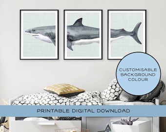 DOWNLOAD DIGITALE Stampabile Great White Shark 3 Part Print Set con sfondo personalizzato, sotto il mare, camera da letto per ragazzi arredamento vita oceano nautico
