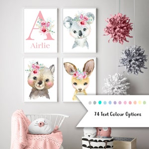 Customised Australian Native Animals Girls Name Print Set, Aussie Animals Nursery Art Print set, Koala, Kangaroo, Wombat, Platypus