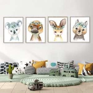 Boys Australian Animal Nursery Print Set, Aussie Wildlife Nursery Art, Baby Room Wall Art, Nursery Decor, Koala, Kangaroo, Wombat, Platypus