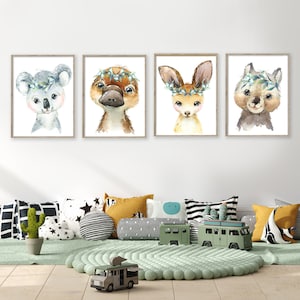 Boys Australian Animal Nursery Print Set, Aussie Wildlife Nursery Art, Baby Room Wall Art, Nursery Decor, Koala, Kangaroo, Wombat, Platypus