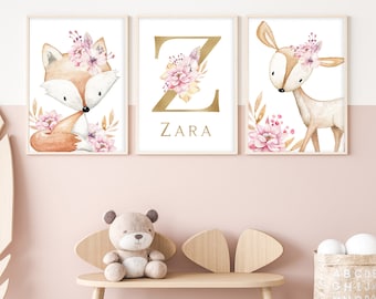 Customised Baby Name Prints, Cute Animal Nursery Decor Set, Nursery Art, Girls Room Art Print, Wall Hanging, Kids Name, Woodland Creatures,