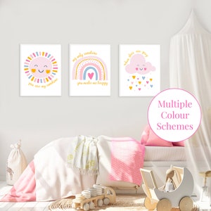 DIGITAL DOWNLOAD Printable Cute Sunshine and Rainbows Art Print set, Rabbit Nursery Decor for Girls room, A3, A4, pink animal prints