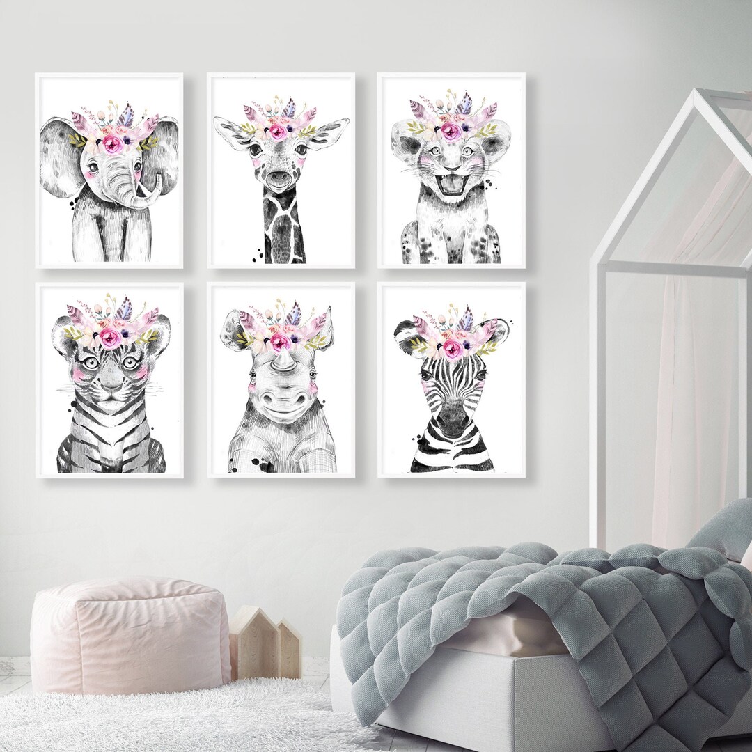 Girls Floral Safari Animal Nursery Print Set Nursery Art - Etsy Australia