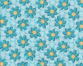 Patchworkstoff Baumwolle hellblau mit türkisen Blumen.