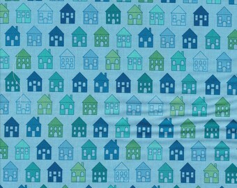 Patchworkstoff-Baumwolle, blauer Stoff mit  Häusern.