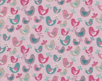 Patchworkstoff-Baumwolle, rosa Kinderstoff mit  Vögel.