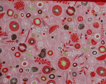 Patchworkstoff Baumwolle , rot,rosa,beige, braun mit Punkte,Kreise,Blumen und Vögel.