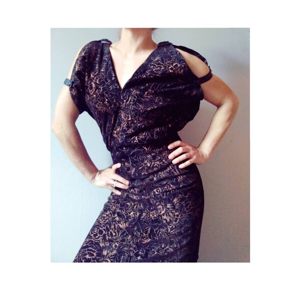 1980s Black Suede & Leather Occasion Dress UK 8