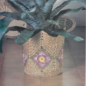 かぎ針編みの鉢カバーパターン、ラフィアの居心地の良い植物の鉢カバー、花のモチーフ、pdf 即時ダウンロード