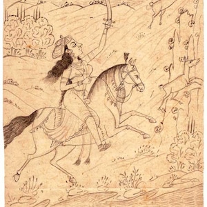 May include: A black and white ink drawing of a woman on horseback riding through a landscape. She is holding a sword in her right hand and is looking to the right. There are two deer in the background, one is jumping over a rock and the other is standing on a rock.