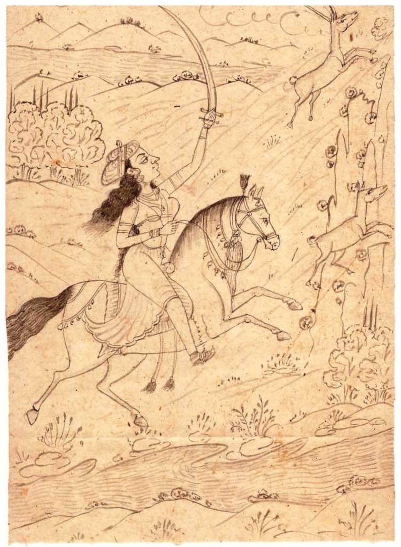 May include: A black and white ink drawing of a woman on horseback riding through a landscape. She is holding a sword in her right hand and is looking to the right. There are two deer in the background, one is jumping over a rock and the other is standing on a rock.