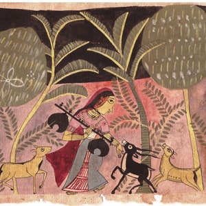 Alte indische Miniaturmalerei Vintage altes Papier Handgeschriebene Manuskriptseite Indische Volkskunst Malerei Todi Ragini Ragmala Serie