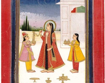 Indisk miniatyrmålning, fint detaljerat guldarbete, vackra kvinnor, Mughal-målning som serverar vattenpipa till drottning 1950-talet