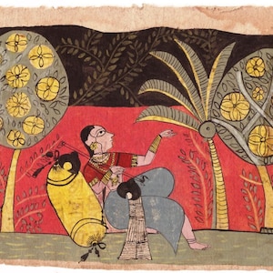 Schöne indische Miniaturmalerei auf altem Vintage-Papier Handgeschriebene Manuskriptseite Indische Frauen, die Musikinstrument im Dschungel spielen