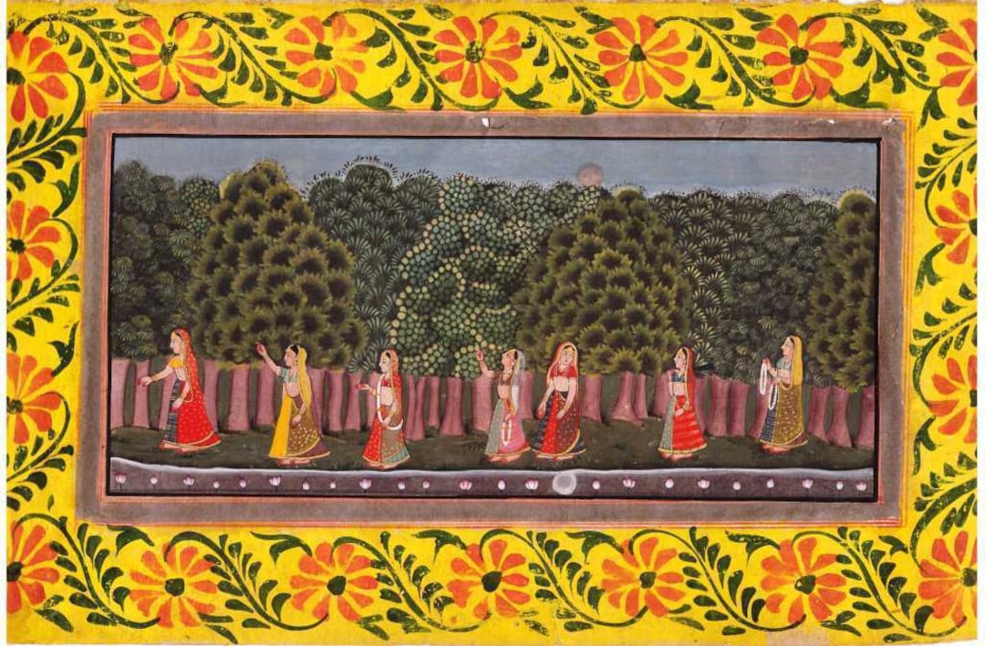 Beautiful Indian Miniature Painting Mughal Lady Group in Jungle