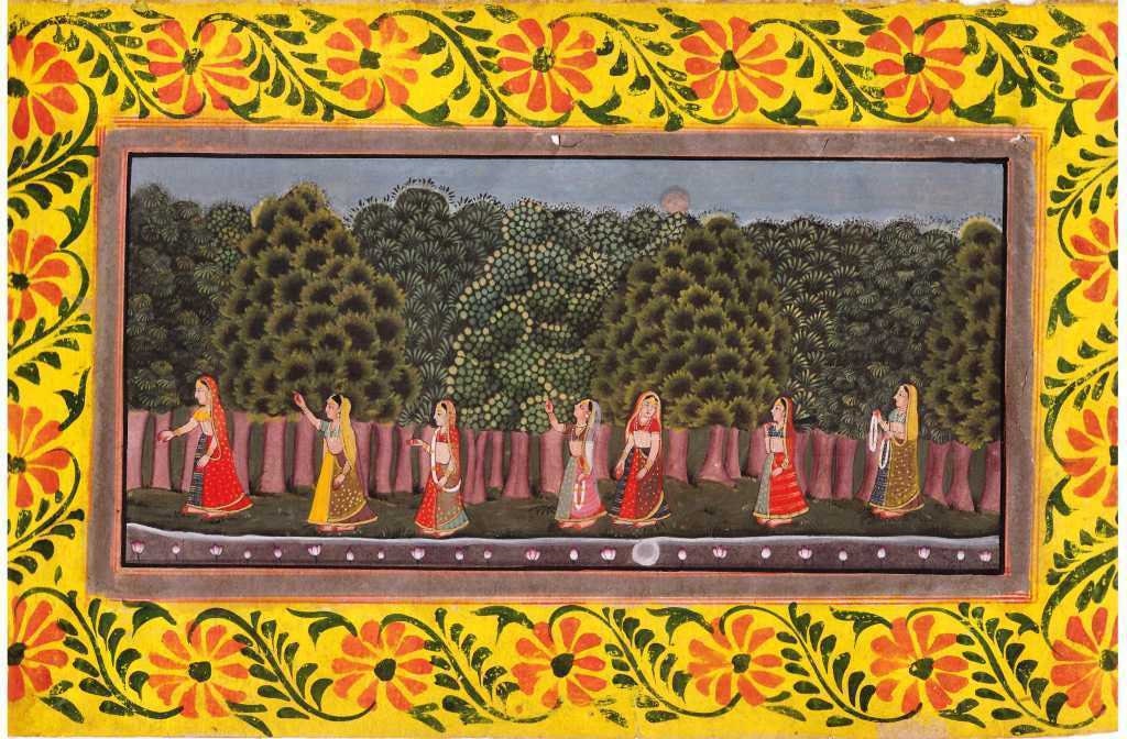 Beautiful Indian Miniature Painting Mughal Lady Group in Jungle