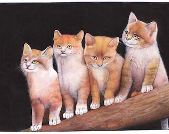 Indian Handmade Miniature Cat Kittens Painting Fine Detailed 7 X 4.5 Inches Gift